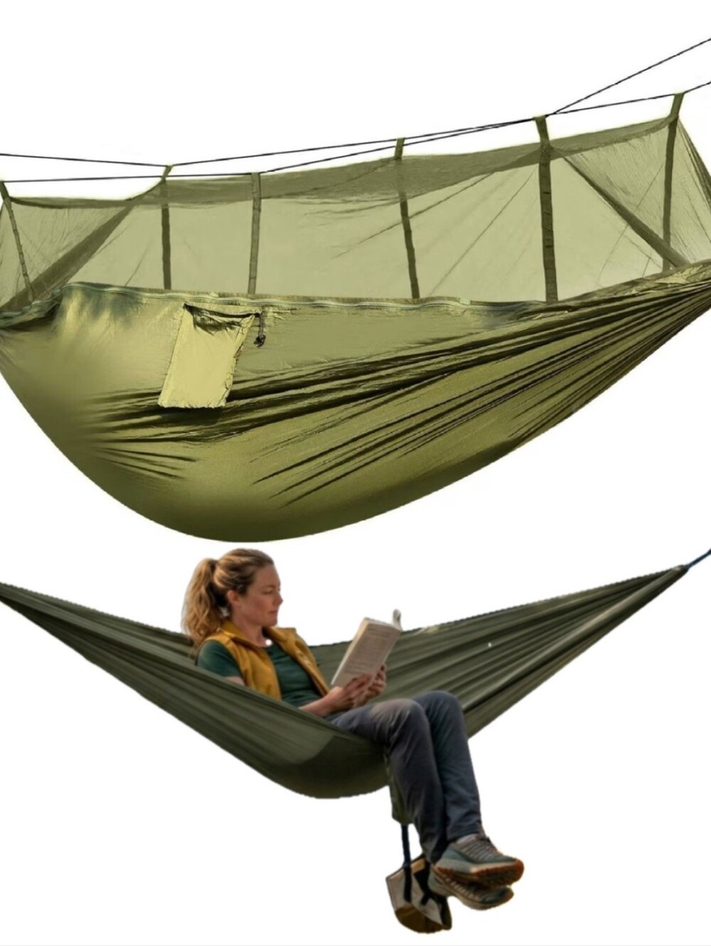 Sunyear Camping Hammock Portable Single/Double) Mosquito Net Green/Khahi NEW
